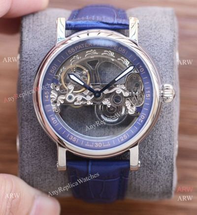 Copy Patek Philippe Geneve Open-Work Dial Blue Leather Strap Watches